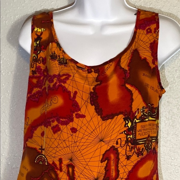 VNTG Anne Pinkerton 100% Silk Map Themed Top Orange and Red Sleeveless - Picture 3 of 9